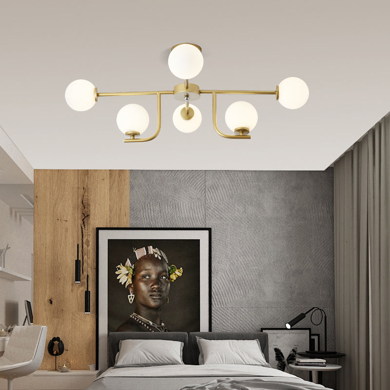 Multiple Rod Semi Ceiling Light Fixture with Globe Glass Shade Modern Metal 6/10 Heads Gold Flush Mount for Living Room 6 Gold Clearhalo 'Ceiling Lights' 'Close To Ceiling Lights' 'Close to ceiling' 'Semi-flushmount' Lighting' 153437