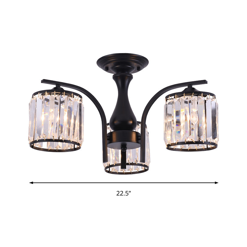 Cylinder Semi Flush Mount Light with Crystal Shade Nordic Metal 3/5 Lights Black Ceiling Light Fixture Clearhalo 'Ceiling Lights' 'Close To Ceiling Lights' 'Close to ceiling' 'Semi-flushmount' Lighting' 153463