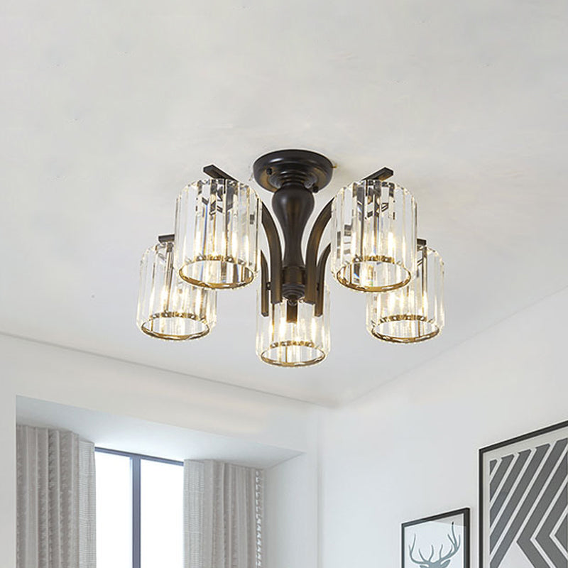 Cylinder Semi Flush Mount Light with Crystal Shade Nordic Metal 3/5 Lights Black Ceiling Light Fixture 5 Black Clearhalo 'Ceiling Lights' 'Close To Ceiling Lights' 'Close to ceiling' 'Semi-flushmount' Lighting' 153464