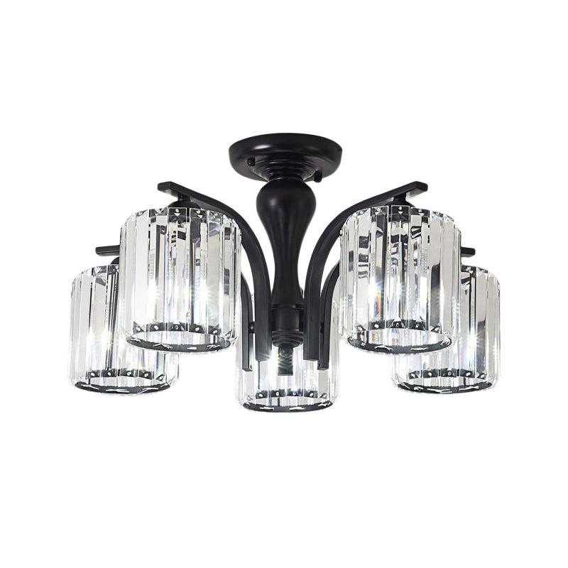 Cylinder Semi Flush Mount Light with Crystal Shade Nordic Metal 3/5 Lights Black Ceiling Light Fixture Clearhalo 'Ceiling Lights' 'Close To Ceiling Lights' 'Close to ceiling' 'Semi-flushmount' Lighting' 153466