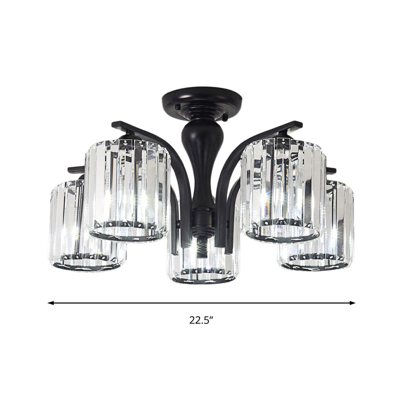 Cylinder Semi Flush Mount Light with Crystal Shade Nordic Metal 3/5 Lights Black Ceiling Light Fixture Clearhalo 'Ceiling Lights' 'Close To Ceiling Lights' 'Close to ceiling' 'Semi-flushmount' Lighting' 153467