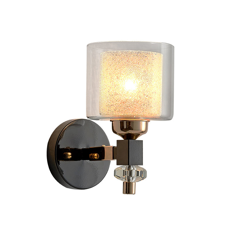 Contemporary Cylindrical Wall Mount Light Metal and Glass 1 Light Sconce Lamp in Black for Hallway Clearhalo 'Modern wall lights' 'Modern' 'Wall Lamps & Sconces' 'Wall Lights' Lighting' 153480