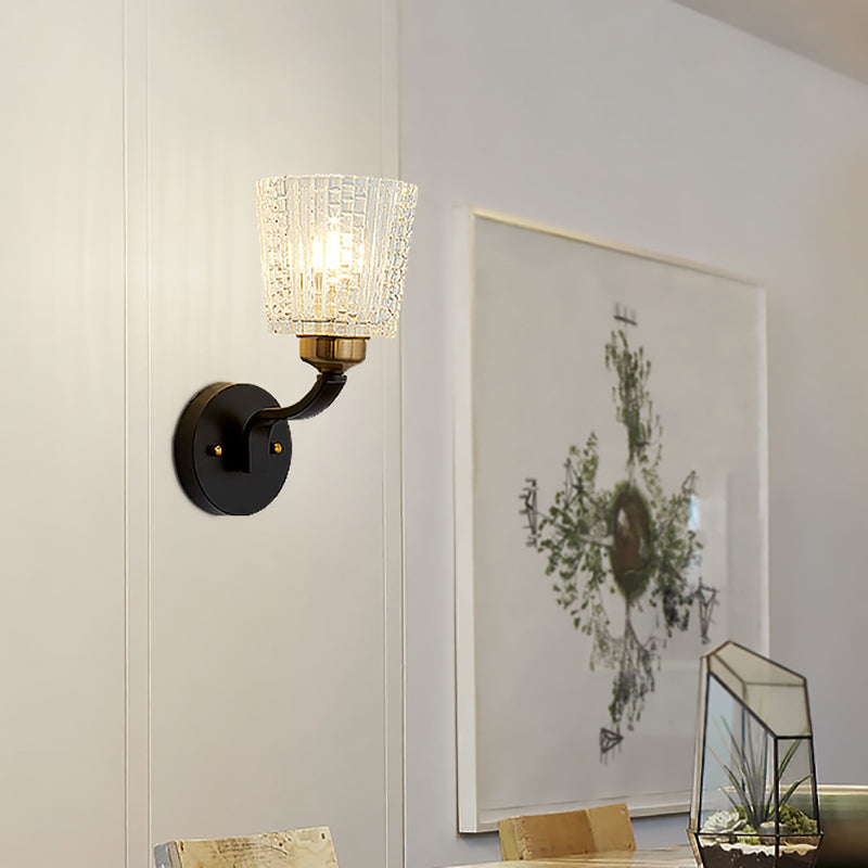 1 Light Conical Wall Lighting Modern Metal Sconce Light with Textured Glass Shade in Black Finish Clearhalo 'Modern wall lights' 'Modern' 'Wall Lamps & Sconces' 'Wall Lights' Lighting' 153511