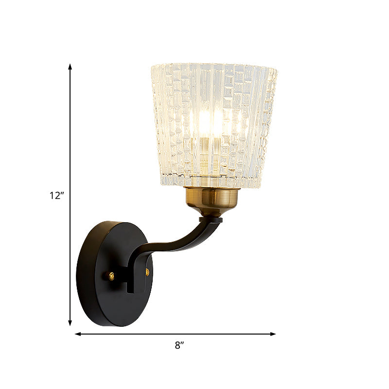 1 Light Conical Wall Lighting Modern Metal Sconce Light with Textured Glass Shade in Black Finish Clearhalo 'Modern wall lights' 'Modern' 'Wall Lamps & Sconces' 'Wall Lights' Lighting' 153513