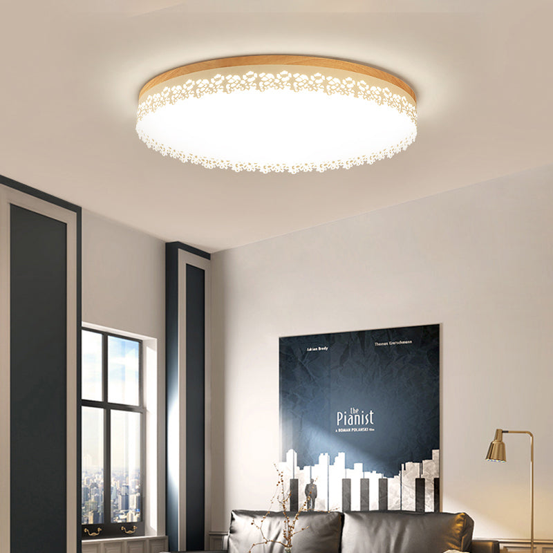 Nordic Ultra Thin Drum Ceiling Flush Mount Wood White 10.5"/15"/19" Dia LED Flush Mount Light for Bedroom in Warm/White/Neutral Clearhalo 'Ceiling Lights' 'Close To Ceiling Lights' 'Close to ceiling' 'Flush mount' Lighting' 153532