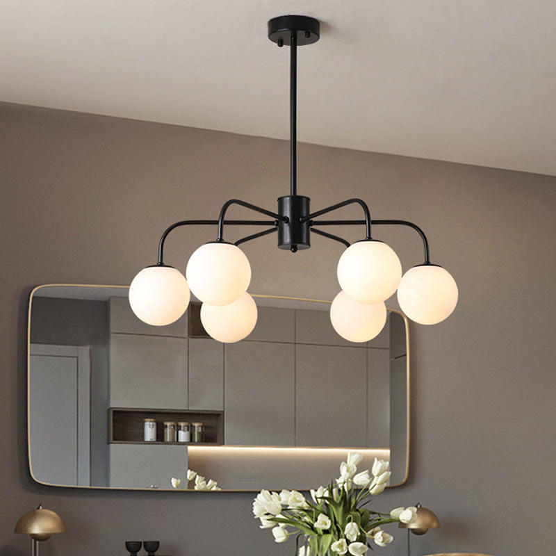 White Glass Globe Chandelier Modernist with Radial Design 6/8/10 Lights Hanging Ceiling Light with Curved Arm Clearhalo 'Ceiling Lights' 'Chandeliers' 'Glass shade' 'Glass' 'Modern Chandeliers' 'Modern' 'Pendant Lights' Lighting' 153554