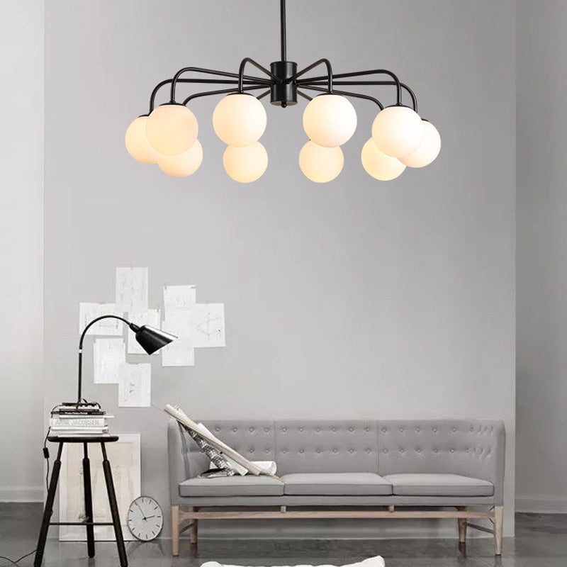 White Glass Globe Chandelier Modernist with Radial Design 6/8/10 Lights Hanging Ceiling Light with Curved Arm Clearhalo 'Ceiling Lights' 'Chandeliers' 'Glass shade' 'Glass' 'Modern Chandeliers' 'Modern' 'Pendant Lights' Lighting' 153562