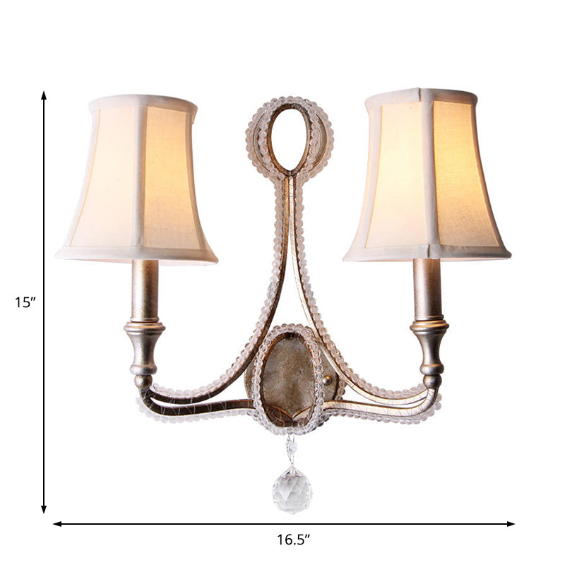 Retro Loft Fabric Wall Light Fixture 2 Heads Conical Sconce Light with Crystal Beaded Strand in Aged Silver Clearhalo 'Modern wall lights' 'Modern' 'Wall Lamps & Sconces' 'Wall Lights' Lighting' 153576