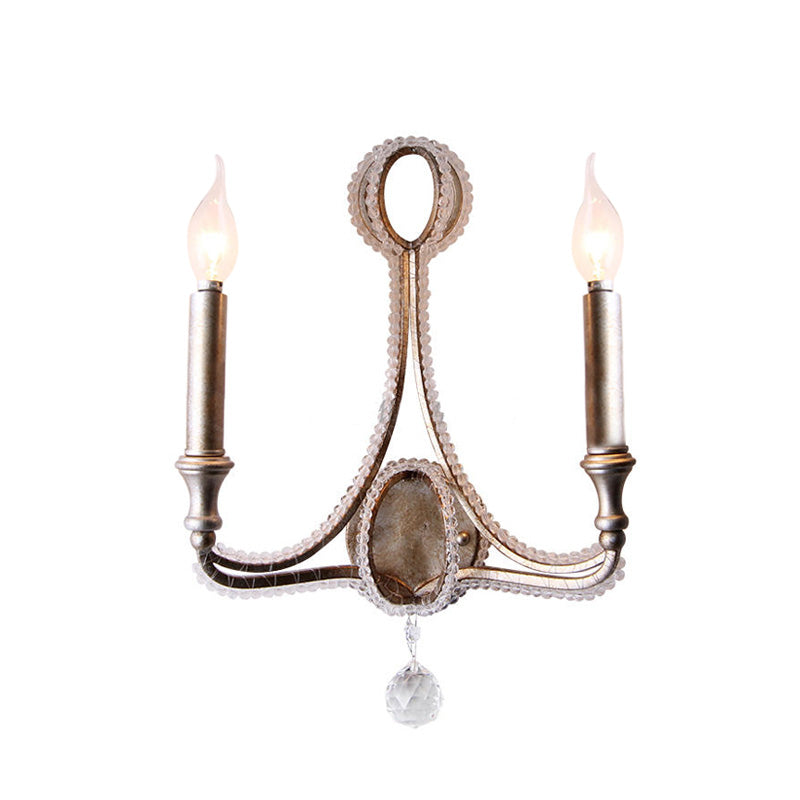 Retro Loft Fabric Wall Light Fixture 2 Heads Conical Sconce Light with Crystal Beaded Strand in Aged Silver Clearhalo 'Modern wall lights' 'Modern' 'Wall Lamps & Sconces' 'Wall Lights' Lighting' 153579