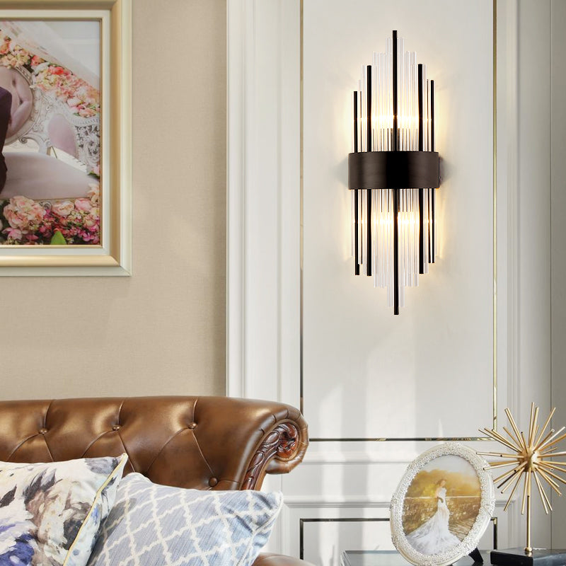 1/2-Light Metal Wall Light Modernism Black Finish Linear Sconce Light with Clear Prism Crystal for Living Room Black Clearhalo 'Modern wall lights' 'Modern' 'Wall Lamps & Sconces' 'Wall Lights' Lighting' 153609