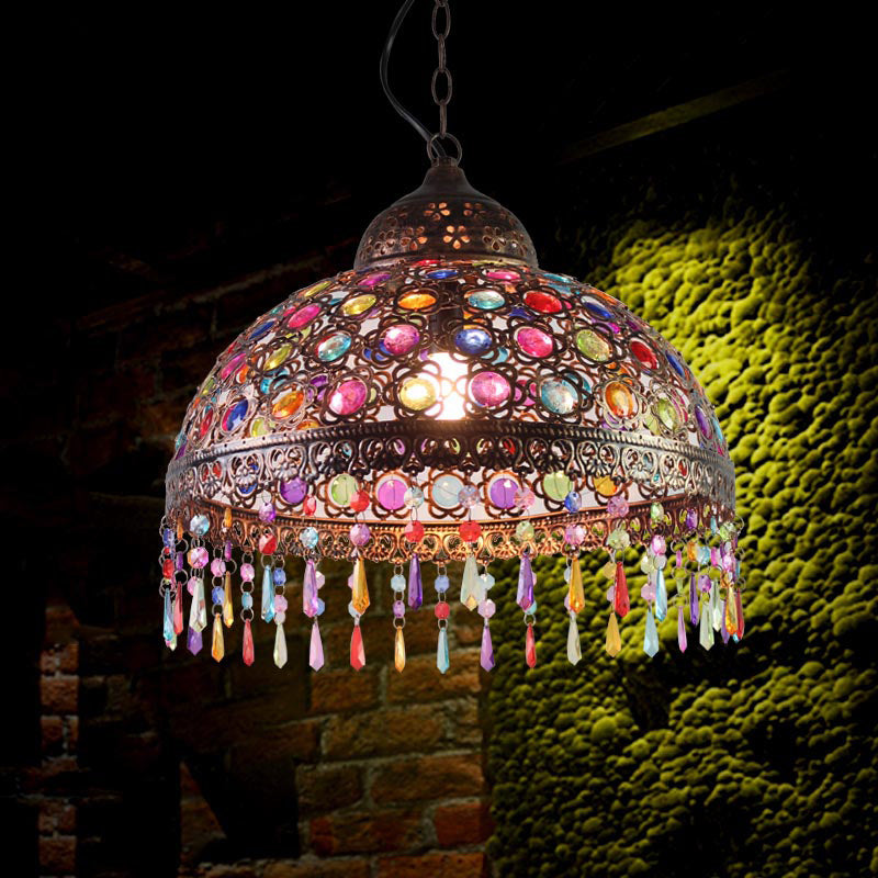 Bohemia Dome Shade Pendant Lighting Metal 1 Bulb Aged Brass/Rust Hanging Lamp with Crystal Bead for Restaurant Clearhalo 'Ceiling Lights' 'Modern Pendants' 'Modern' 'Pendant Lights' 'Pendants' Lighting' 153632