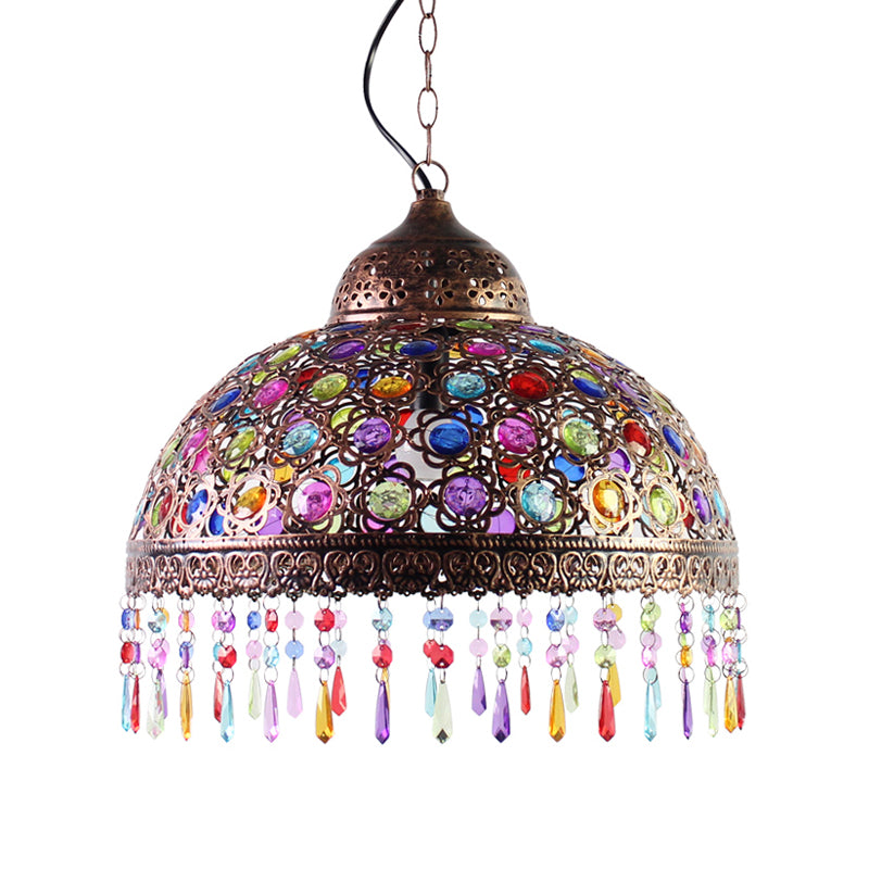 Bohemia Dome Shade Pendant Lighting Metal 1 Bulb Aged Brass/Rust Hanging Lamp with Crystal Bead for Restaurant Clearhalo 'Ceiling Lights' 'Modern Pendants' 'Modern' 'Pendant Lights' 'Pendants' Lighting' 153635