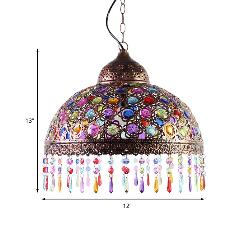 Bohemia Dome Shade Pendant Lighting Metal 1 Bulb Aged Brass/Rust Hanging Lamp with Crystal Bead for Restaurant Clearhalo 'Ceiling Lights' 'Modern Pendants' 'Modern' 'Pendant Lights' 'Pendants' Lighting' 153636