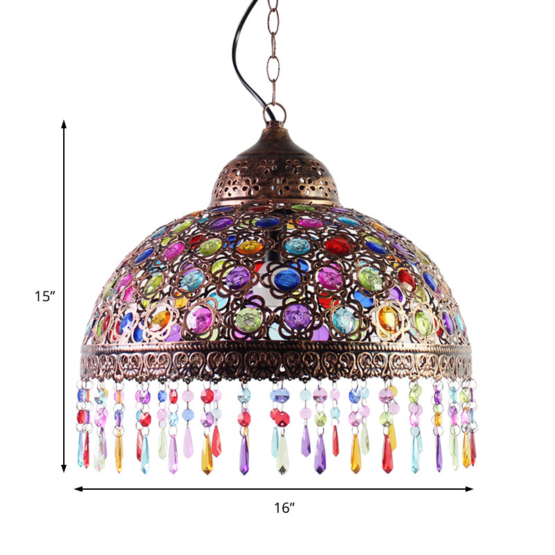 Bohemia Dome Shade Pendant Lighting Metal 1 Bulb Aged Brass/Rust Hanging Lamp with Crystal Bead for Restaurant Clearhalo 'Ceiling Lights' 'Modern Pendants' 'Modern' 'Pendant Lights' 'Pendants' Lighting' 153637