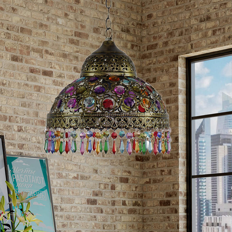 Bohemia Dome Shade Pendant Lighting Metal 1 Bulb Aged Brass/Rust Hanging Lamp with Crystal Bead for Restaurant Antique Brass 12" Clearhalo 'Ceiling Lights' 'Modern Pendants' 'Modern' 'Pendant Lights' 'Pendants' Lighting' 153641