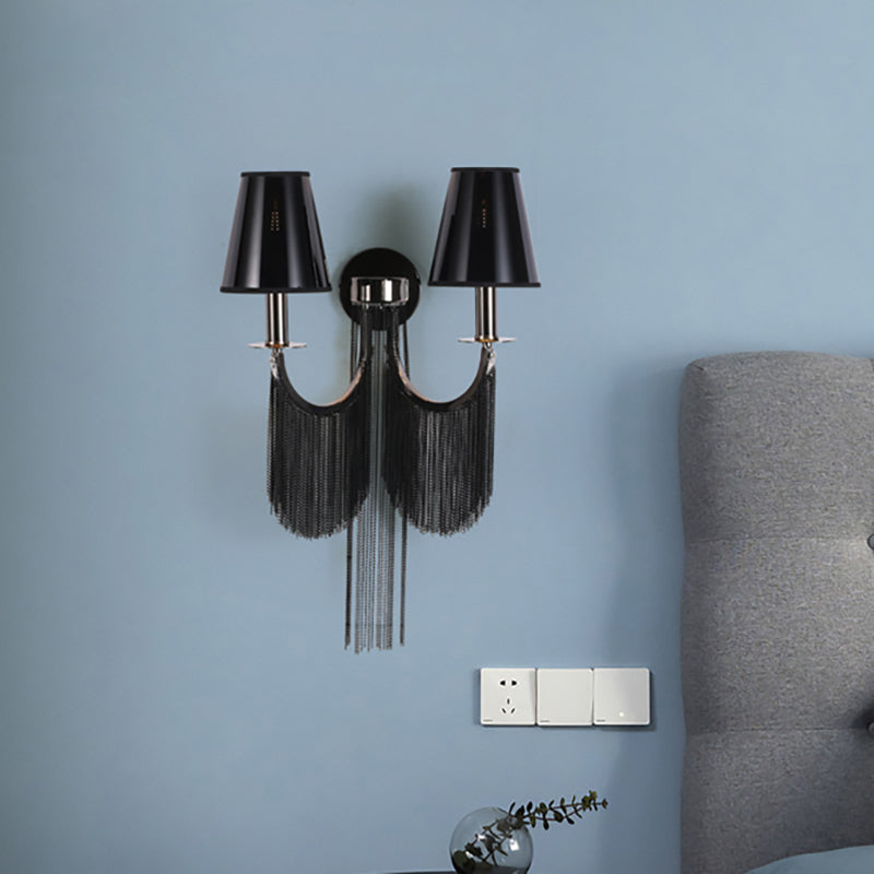 Plastic Cone Shade Wall Lamp Sconce Modernist 2 Lights Sconce Light with Aluminum Tassel in Black/Silver Black Clearhalo 'Modern wall lights' 'Modern' 'Wall Lamps & Sconces' 'Wall Lights' Lighting' 153648