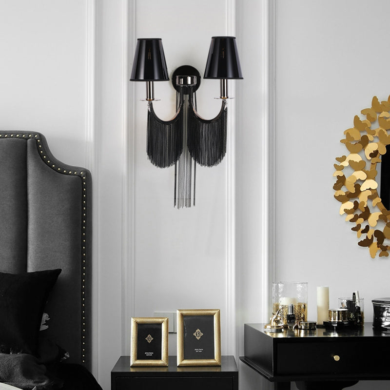 Plastic Cone Shade Wall Lamp Sconce Modernist 2 Lights Sconce Light with Aluminum Tassel in Black/Silver Clearhalo 'Modern wall lights' 'Modern' 'Wall Lamps & Sconces' 'Wall Lights' Lighting' 153649