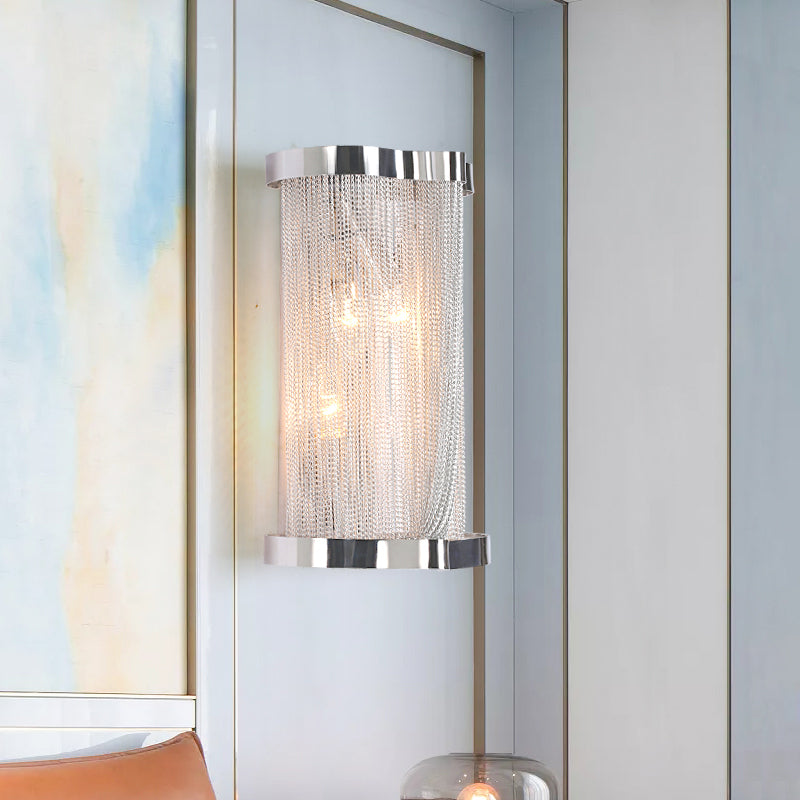 2 Lights Tassel Sconce Wall Light Vintage Aluminum Wall Lamp with Cylinder Shade in Gold/Silver Silver Clearhalo 'Modern wall lights' 'Modern' 'Wall Lamps & Sconces' 'Wall Lights' Lighting' 153686