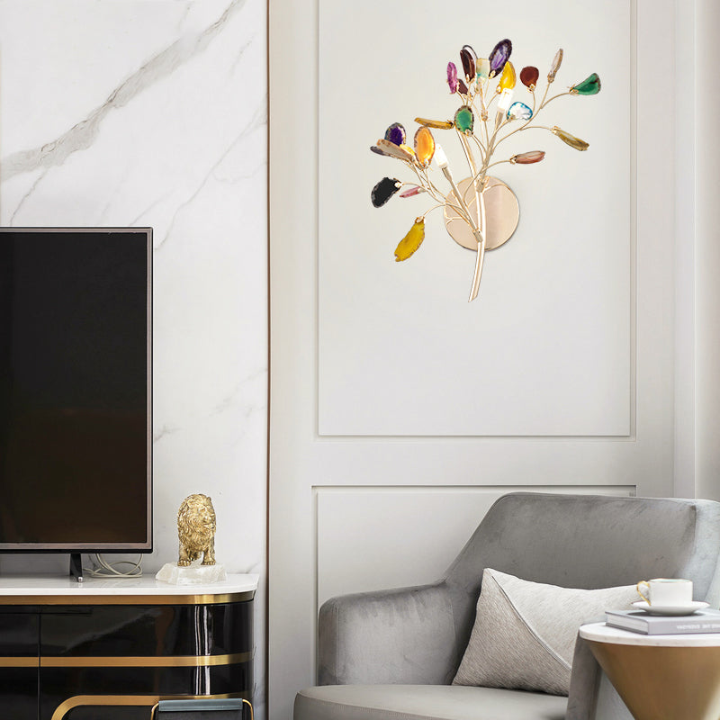 Metallic Branch Wall Lighting Fixture Lodge Style 2 Lights Sconce Light with Multi Colored Crystal Deco in Gold Finish Clearhalo 'Modern wall lights' 'Modern' 'Wall Lamps & Sconces' 'Wall Lights' Lighting' 153704