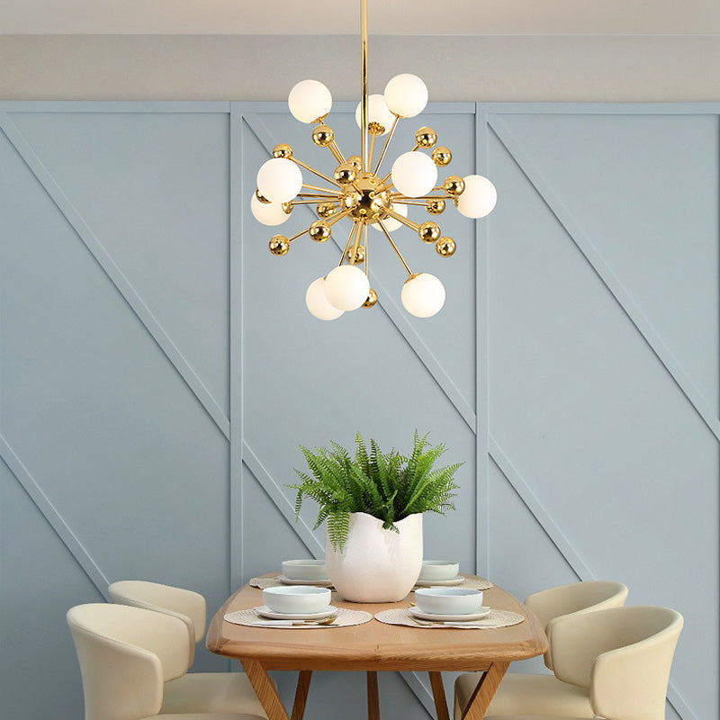 Designer Starburst Metal Chandelier Multi Lights Gold Ceiling Pendant Lamp with White Glass Ball Shade, 23.5"/31.5"/39" Wide Clearhalo 'Ceiling Lights' 'Chandeliers' 'Modern Chandeliers' 'Modern' Lighting' 153708