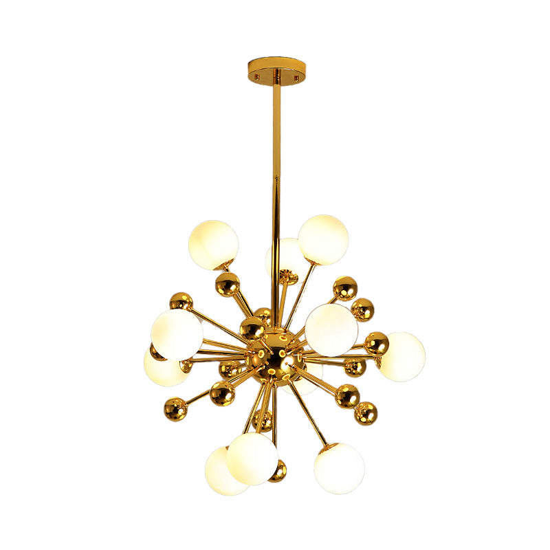 Designer Starburst Metal Chandelier Multi Lights Gold Ceiling Pendant Lamp with White Glass Ball Shade, 23.5"/31.5"/39" Wide Clearhalo 'Ceiling Lights' 'Chandeliers' 'Modern Chandeliers' 'Modern' Lighting' 153710