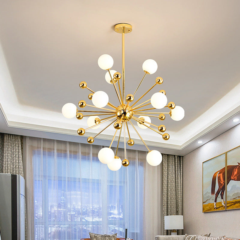 Designer Starburst Metal Chandelier Multi Lights Gold Ceiling Pendant Lamp with White Glass Ball Shade, 23.5"/31.5"/39" Wide Gold 31.5" Clearhalo 'Ceiling Lights' 'Chandeliers' 'Modern Chandeliers' 'Modern' Lighting' 153712