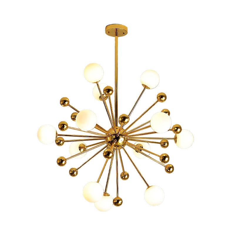 Designer Starburst Metal Chandelier Multi Lights Gold Ceiling Pendant Lamp with White Glass Ball Shade, 23.5"/31.5"/39" Wide Clearhalo 'Ceiling Lights' 'Chandeliers' 'Modern Chandeliers' 'Modern' Lighting' 153714