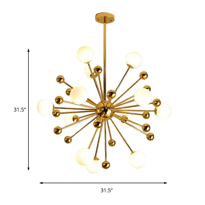 Designer Starburst Metal Chandelier Multi Lights Gold Ceiling Pendant Lamp with White Glass Ball Shade, 23.5"/31.5"/39" Wide Clearhalo 'Ceiling Lights' 'Chandeliers' 'Modern Chandeliers' 'Modern' Lighting' 153715