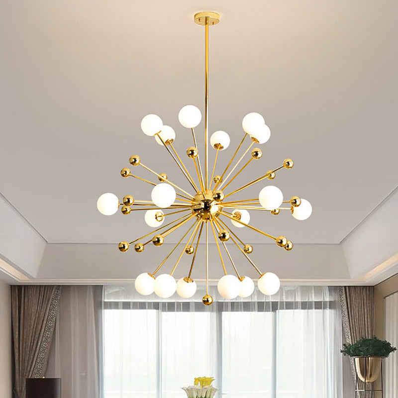 Designer Starburst Metal Chandelier Multi Lights Gold Ceiling Pendant Lamp with White Glass Ball Shade, 23.5"/31.5"/39" Wide Gold 39" Clearhalo 'Ceiling Lights' 'Chandeliers' 'Modern Chandeliers' 'Modern' Lighting' 153716