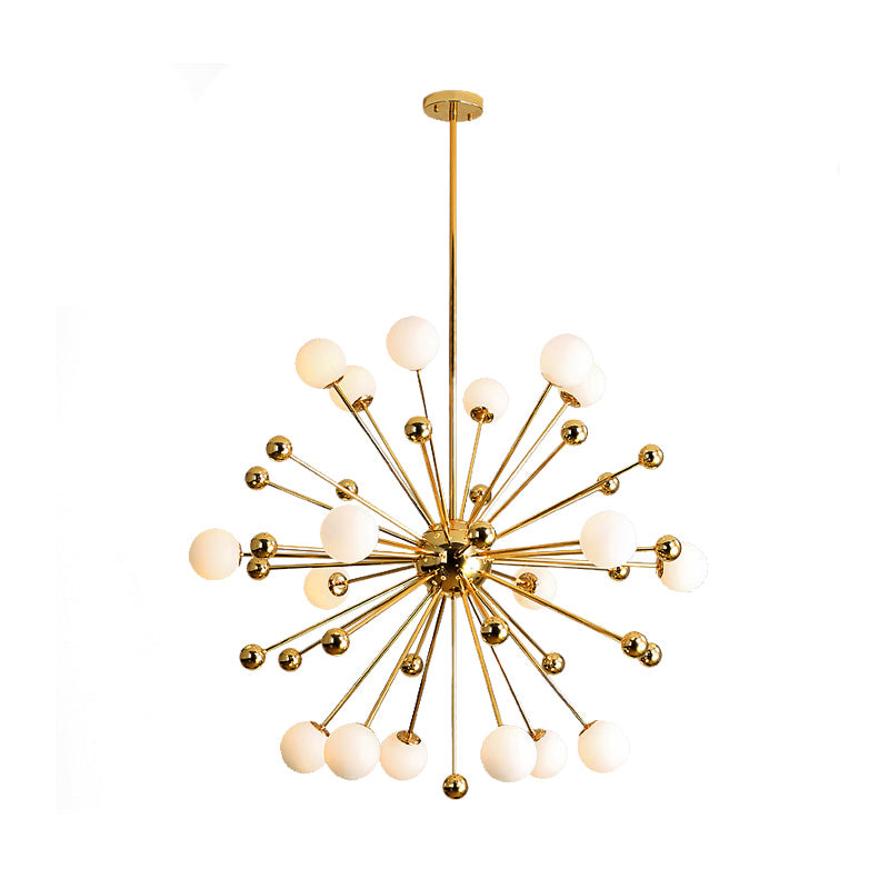 Designer Starburst Metal Chandelier Multi Lights Gold Ceiling Pendant Lamp with White Glass Ball Shade, 23.5"/31.5"/39" Wide Clearhalo 'Ceiling Lights' 'Chandeliers' 'Modern Chandeliers' 'Modern' Lighting' 153718