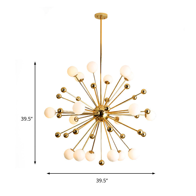 Designer Starburst Metal Chandelier Multi Lights Gold Ceiling Pendant Lamp with White Glass Ball Shade, 23.5"/31.5"/39" Wide Clearhalo 'Ceiling Lights' 'Chandeliers' 'Modern Chandeliers' 'Modern' Lighting' 153719