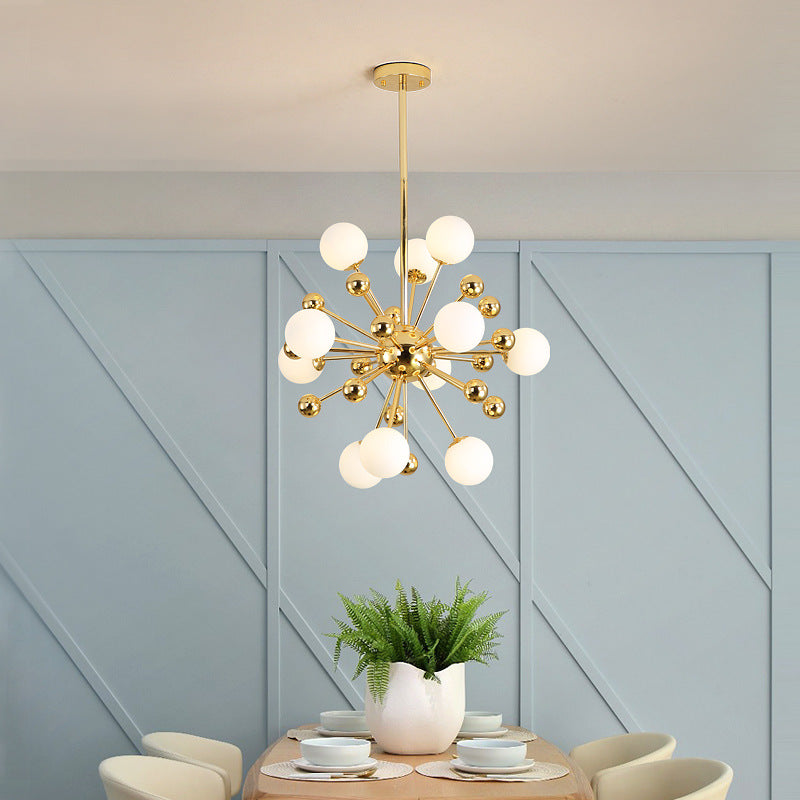 Designer Starburst Metal Chandelier Multi Lights Gold Ceiling Pendant Lamp with White Glass Ball Shade, 23.5"/31.5"/39" Wide Gold 23.5" Clearhalo 'Ceiling Lights' 'Chandeliers' 'Modern Chandeliers' 'Modern' Lighting' 153721