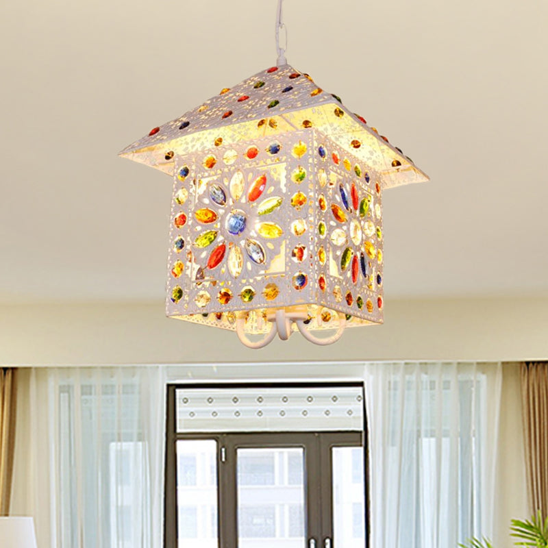 Bohemia House Shade Chandelier Hanging Light Metal 3 Lights Pendant Lamp with Crystal Gem in White Finish Clearhalo 'Ceiling Lights' 'Chandeliers' 'Modern Chandeliers' 'Modern' Lighting' 153723