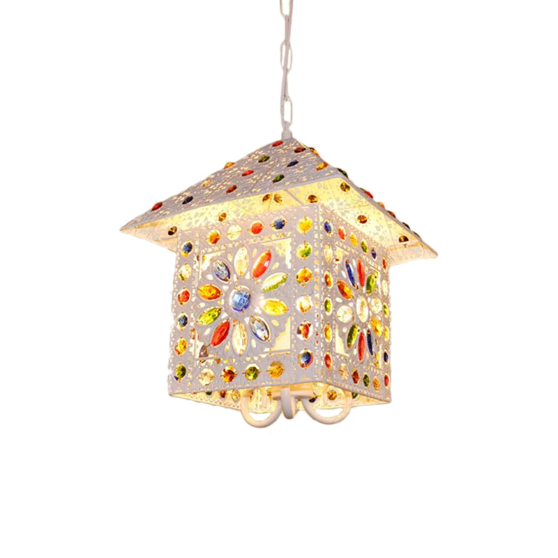 Bohemia House Shade Chandelier Hanging Light Metal 3 Lights Pendant Lamp with Crystal Gem in White Finish Clearhalo 'Ceiling Lights' 'Chandeliers' 'Modern Chandeliers' 'Modern' Lighting' 153724