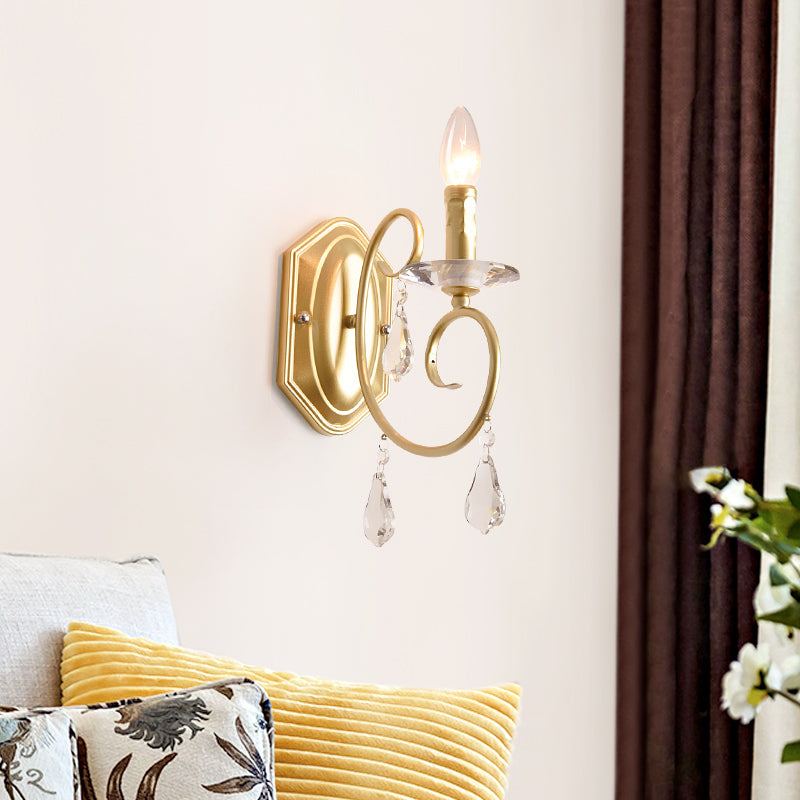 Modern Style Metal Wall Lamp 1 Light Candle Sconce Lamp with Clear Crystal Deco in Gold for Corridor Clearhalo 'Modern wall lights' 'Modern' 'Wall Lamps & Sconces' 'Wall Lights' Lighting' 153727