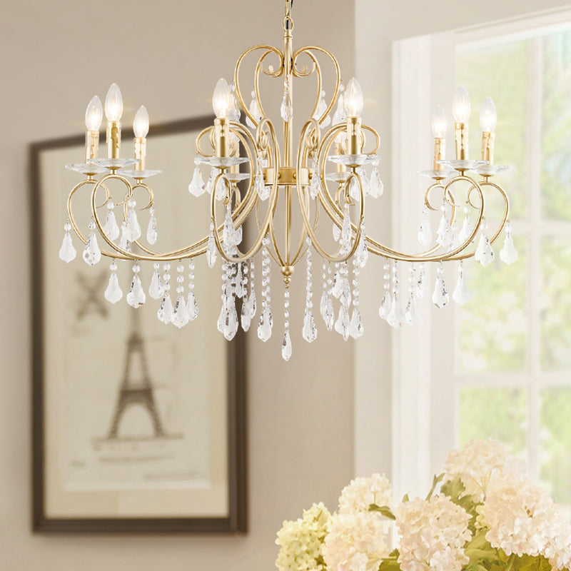 Modern Style Candle Hanging Lamp with Clear Crystal Accent 3/6 Lights Chandelier Lighting in Gold 10 Gold Clearhalo 'Ceiling Lights' 'Chandeliers' 'Modern Chandeliers' 'Modern' Lighting' 153794