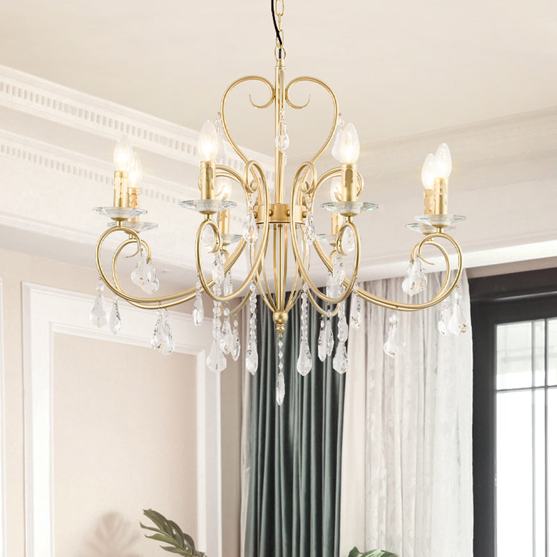 Modern Style Candle Hanging Lamp with Clear Crystal Accent 3/6 Lights Chandelier Lighting in Gold 8 Gold Clearhalo 'Ceiling Lights' 'Chandeliers' 'Modern Chandeliers' 'Modern' Lighting' 153798