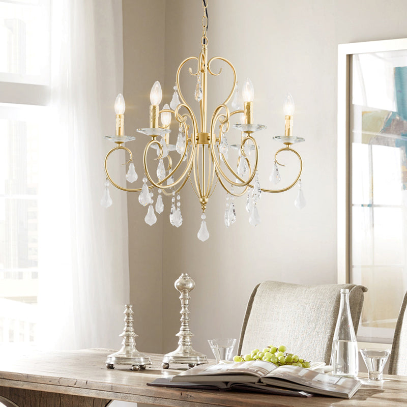 Modern Style Candle Hanging Lamp with Clear Crystal Accent 3/6 Lights Chandelier Lighting in Gold 6 Gold Clearhalo 'Ceiling Lights' 'Chandeliers' 'Modern Chandeliers' 'Modern' Lighting' 153802