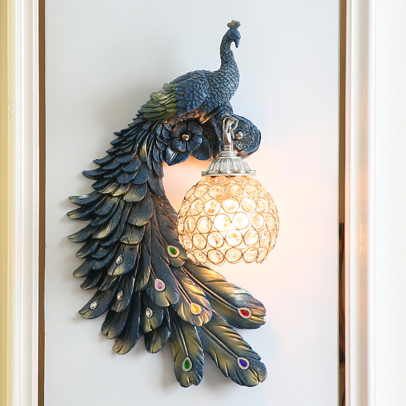 Peacock Blue Wall Sconce Lighting Lodge Resin 1 Light Wall Light with Clear Crystal Dome Shade for Bedside Clearhalo 'Modern wall lights' 'Modern' 'Wall Lamps & Sconces' 'Wall Lights' Lighting' 153822