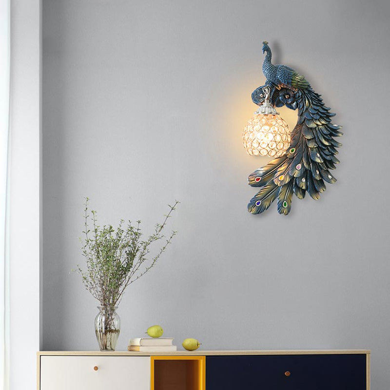 Peacock Blue Wall Sconce Lighting Lodge Resin 1 Light Wall Light with Clear Crystal Dome Shade for Bedside Blue Right Clearhalo 'Modern wall lights' 'Modern' 'Wall Lamps & Sconces' 'Wall Lights' Lighting' 153826