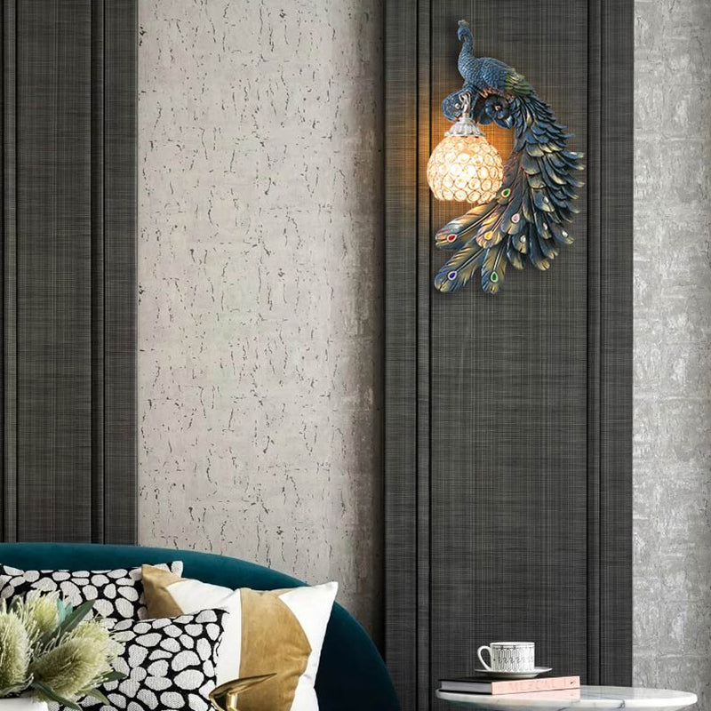 Peacock Blue Wall Sconce Lighting Lodge Resin 1 Light Wall Light with Clear Crystal Dome Shade for Bedside Clearhalo 'Modern wall lights' 'Modern' 'Wall Lamps & Sconces' 'Wall Lights' Lighting' 153827