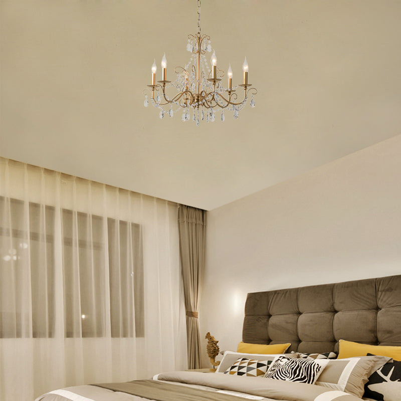 Champagne Beaded Pendant Lighting with Candle Modern Crystal 3/6 Lights Hanging Ceiling Light 6 Champagne Clearhalo 'Ceiling Lights' 'Chandeliers' 'Modern Chandeliers' 'Modern' Lighting' 153829