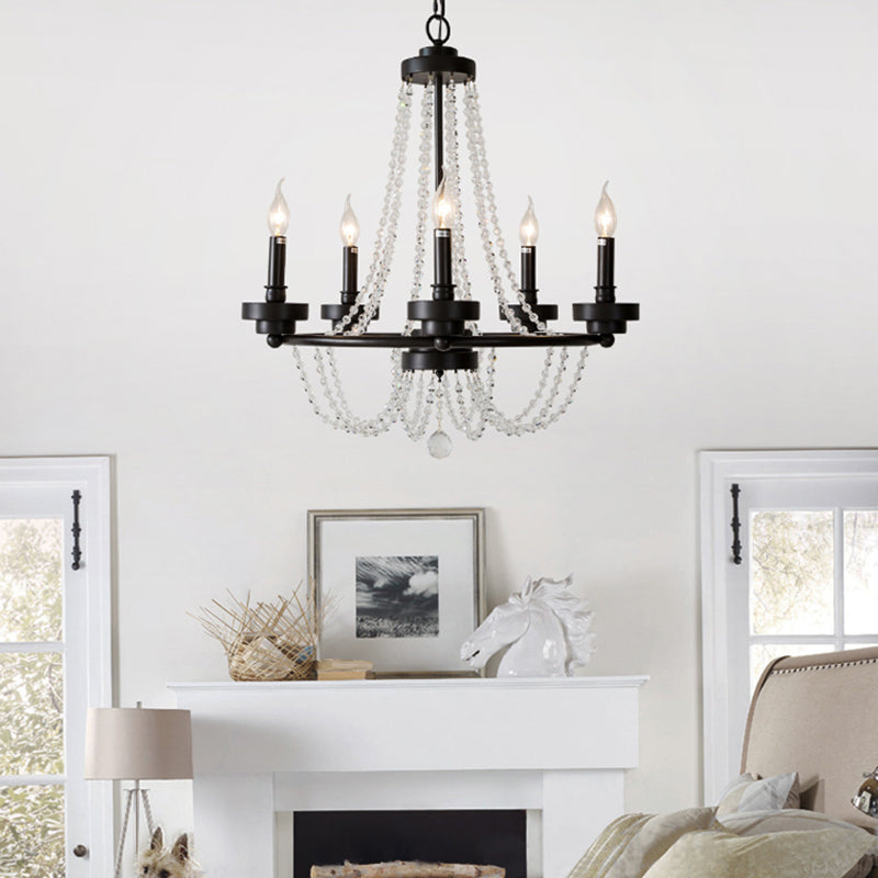 Modernist Candle Chandelier Light Metal 5/6 Lights Pendant Lamp with Crystal Beaded Strand in Black 5 Black Clearhalo 'Ceiling Lights' 'Chandeliers' 'Modern Chandeliers' 'Modern' Lighting' 153838