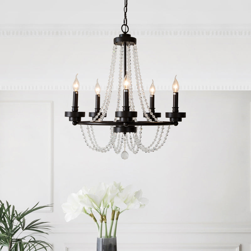 Modernist Candle Chandelier Light Metal 5/6 Lights Pendant Lamp with Crystal Beaded Strand in Black Clearhalo 'Ceiling Lights' 'Chandeliers' 'Modern Chandeliers' 'Modern' Lighting' 153839