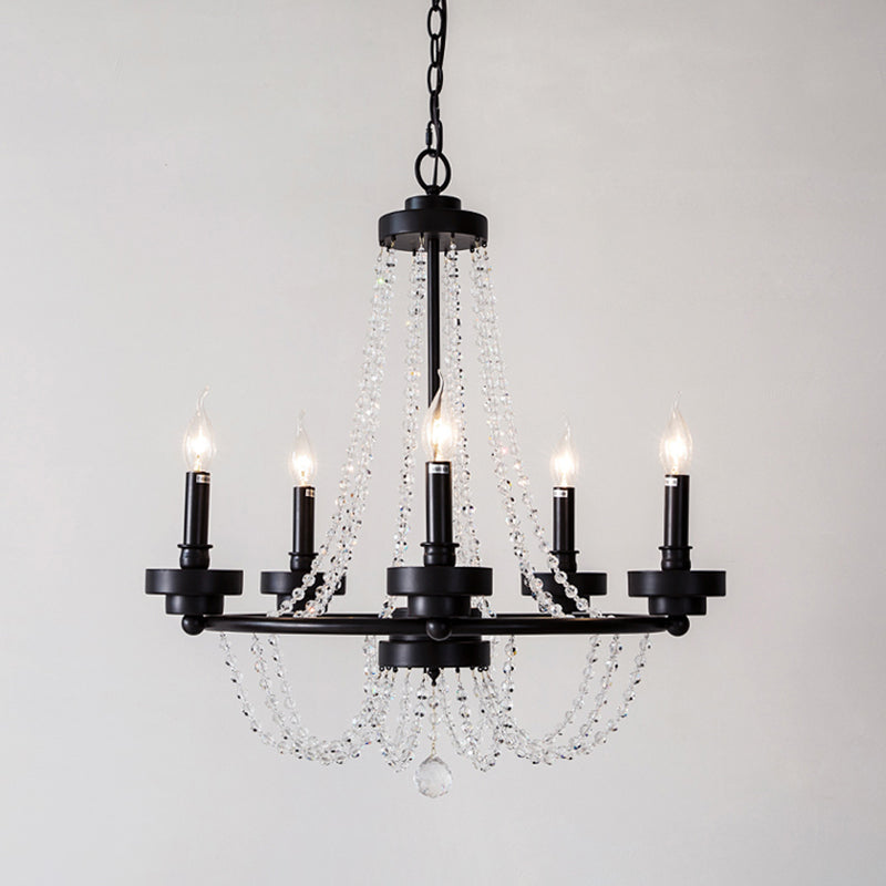 Modernist Candle Chandelier Light Metal 5/6 Lights Pendant Lamp with Crystal Beaded Strand in Black Clearhalo 'Ceiling Lights' 'Chandeliers' 'Modern Chandeliers' 'Modern' Lighting' 153840