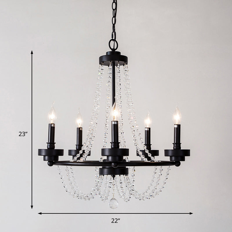 Modernist Candle Chandelier Light Metal 5/6 Lights Pendant Lamp with Crystal Beaded Strand in Black Clearhalo 'Ceiling Lights' 'Chandeliers' 'Modern Chandeliers' 'Modern' Lighting' 153841