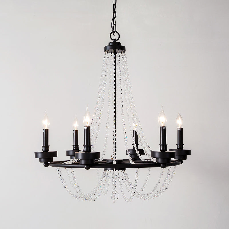 Modernist Candle Chandelier Light Metal 5/6 Lights Pendant Lamp with Crystal Beaded Strand in Black Clearhalo 'Ceiling Lights' 'Chandeliers' 'Modern Chandeliers' 'Modern' Lighting' 153843