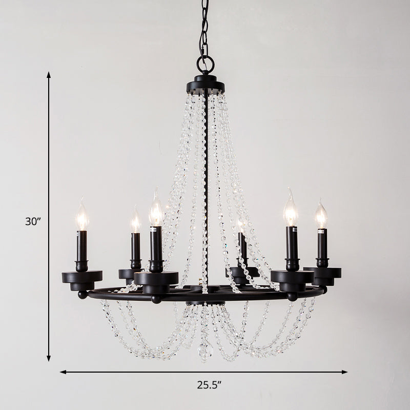 Modernist Candle Chandelier Light Metal 5/6 Lights Pendant Lamp with Crystal Beaded Strand in Black Clearhalo 'Ceiling Lights' 'Chandeliers' 'Modern Chandeliers' 'Modern' Lighting' 153844