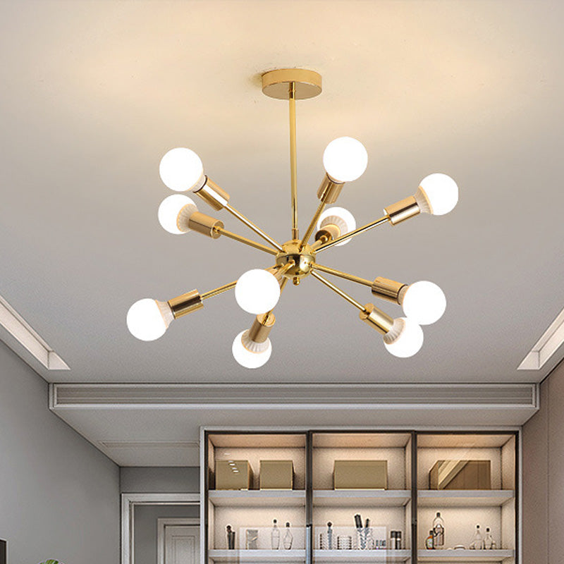 26"/38.5" Wide Metal Starburst Chandelier Light Modernist 6/10/12 Lights Gold Hanging Ceiling Lamp with Bare Bulb 10 Gold 26" Clearhalo 'Ceiling Lights' 'Chandeliers' 'Modern Chandeliers' 'Modern' Lighting' 153848