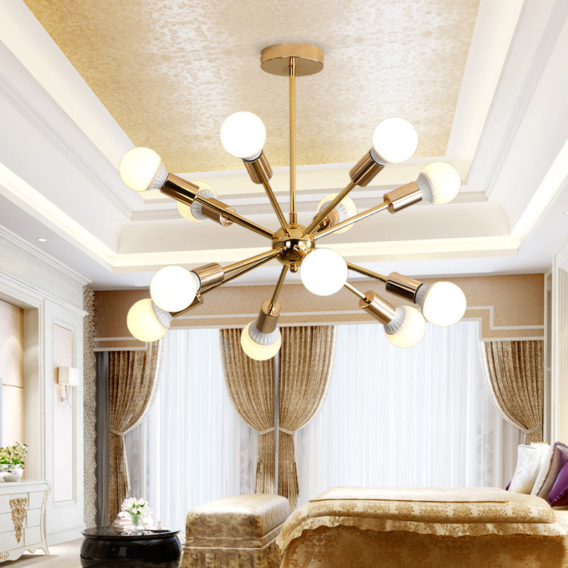 26"/38.5" Wide Metal Starburst Chandelier Light Modernist 6/10/12 Lights Gold Hanging Ceiling Lamp with Bare Bulb 12 Gold 26" Clearhalo 'Ceiling Lights' 'Chandeliers' 'Modern Chandeliers' 'Modern' Lighting' 153852